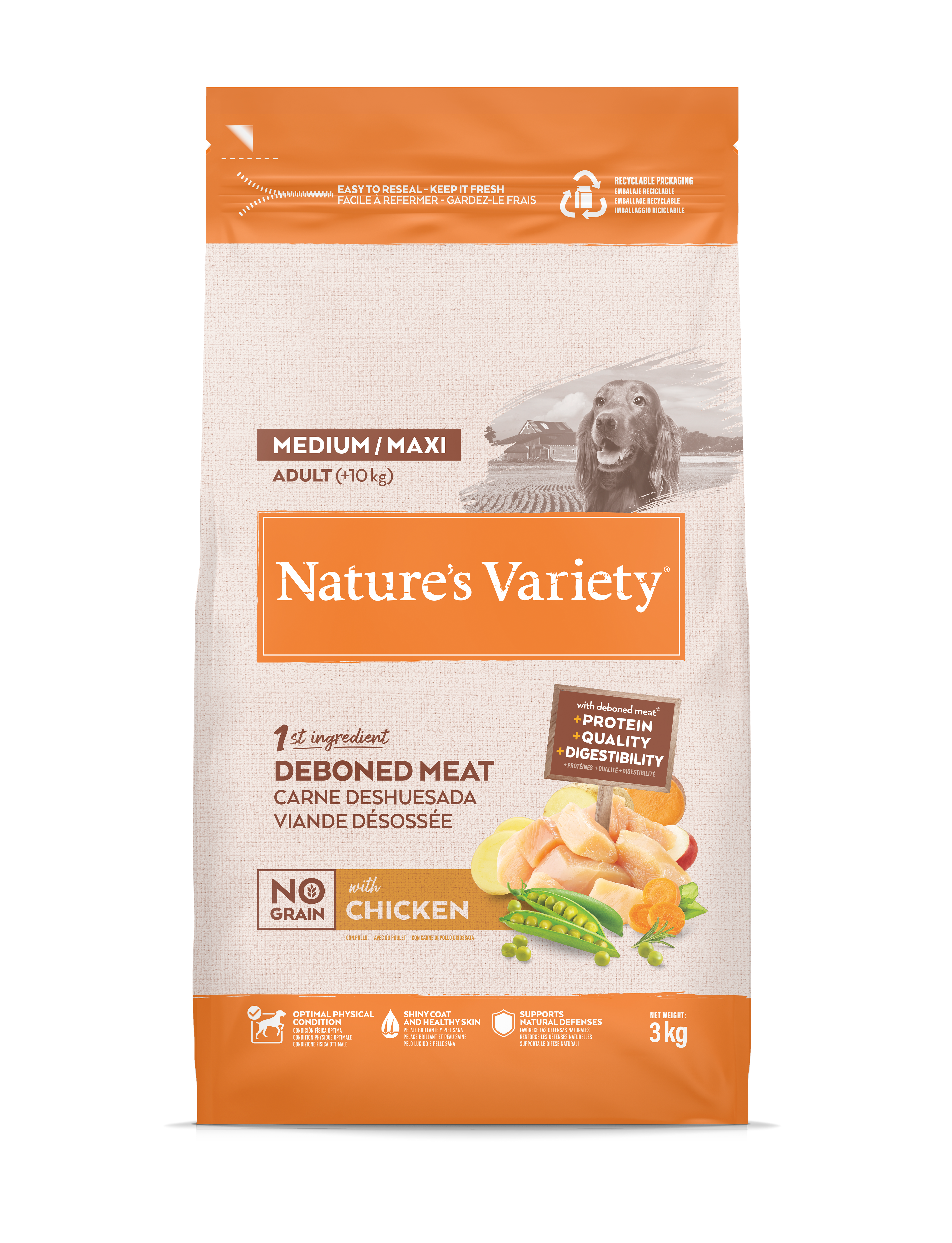 Croquettes pour chien adulte sans céréales medium maxi poulet 3 kg - Nature's Variety - Image 1
