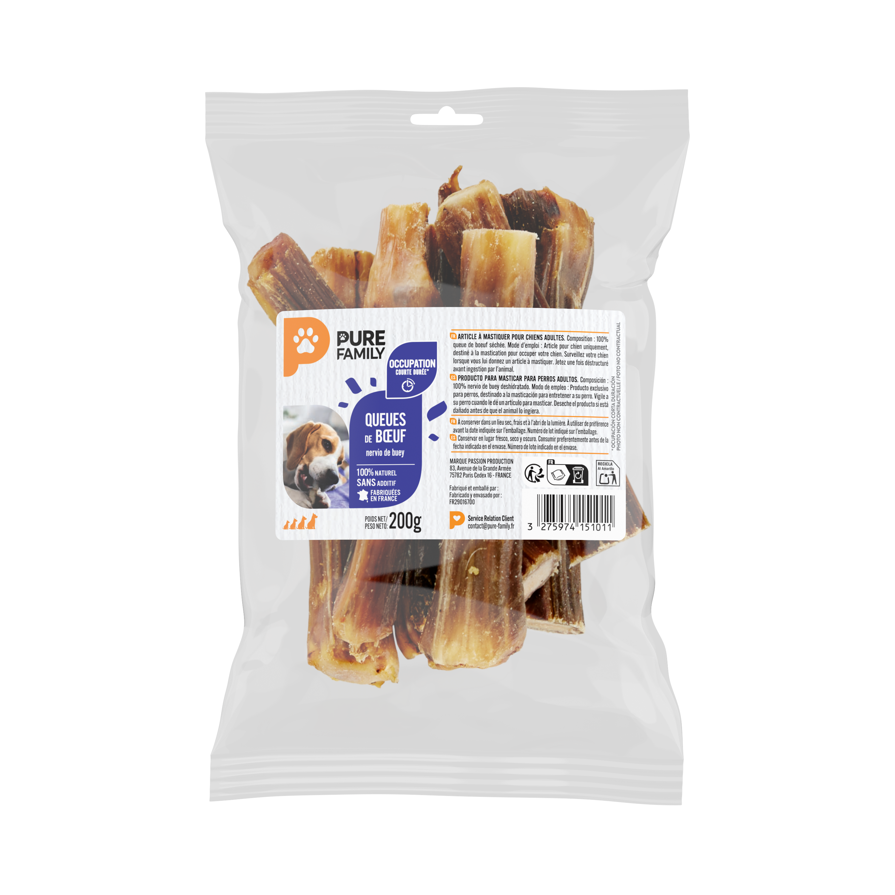 Pure Family - Sachet de friandises queues de bœuf pour chien - 200 g - PURE FAMILY - Image 1