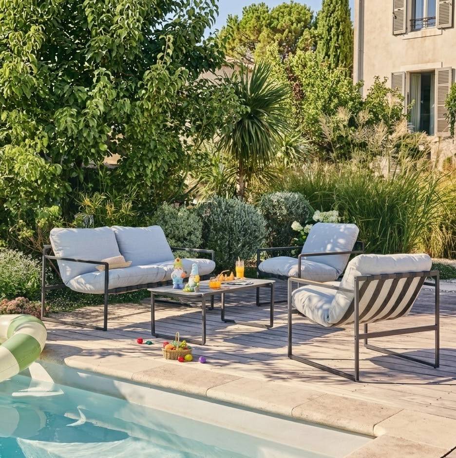 Ecloz - Salon de jardin détente métal 4 personnes anthracite Francis ECLOZ
