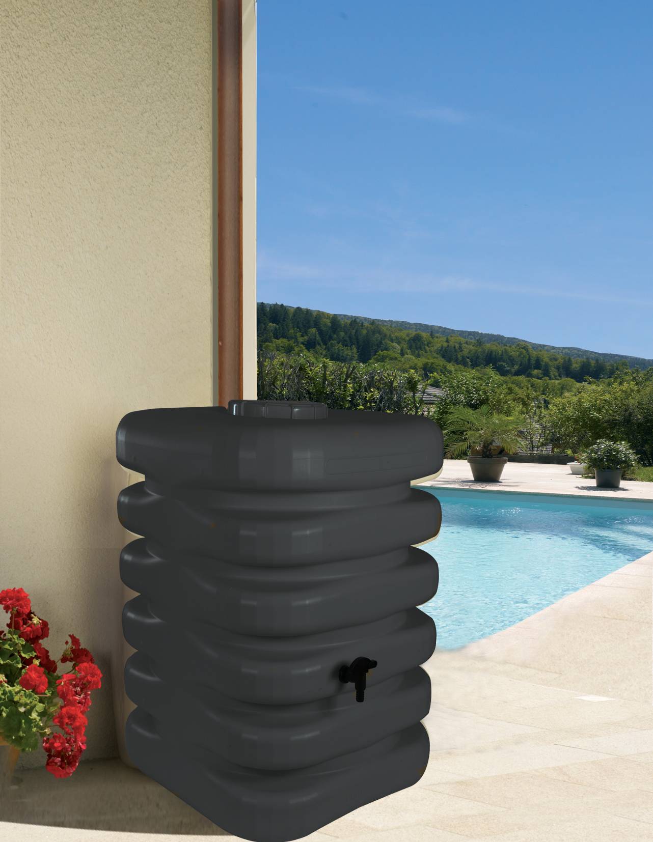Belli - Récupérateur d'eau de pluie 350L cubique couvercle, robinet et collecteur inclus anthracite - BELLI - Image 2