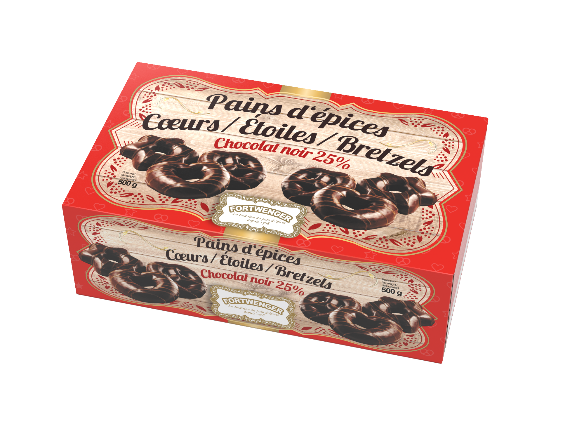 Fortwenger - Pain d'épices en forme de cœur, étoiles ou bretzel enrobés de chocolat noir 500 g - Fortwenger