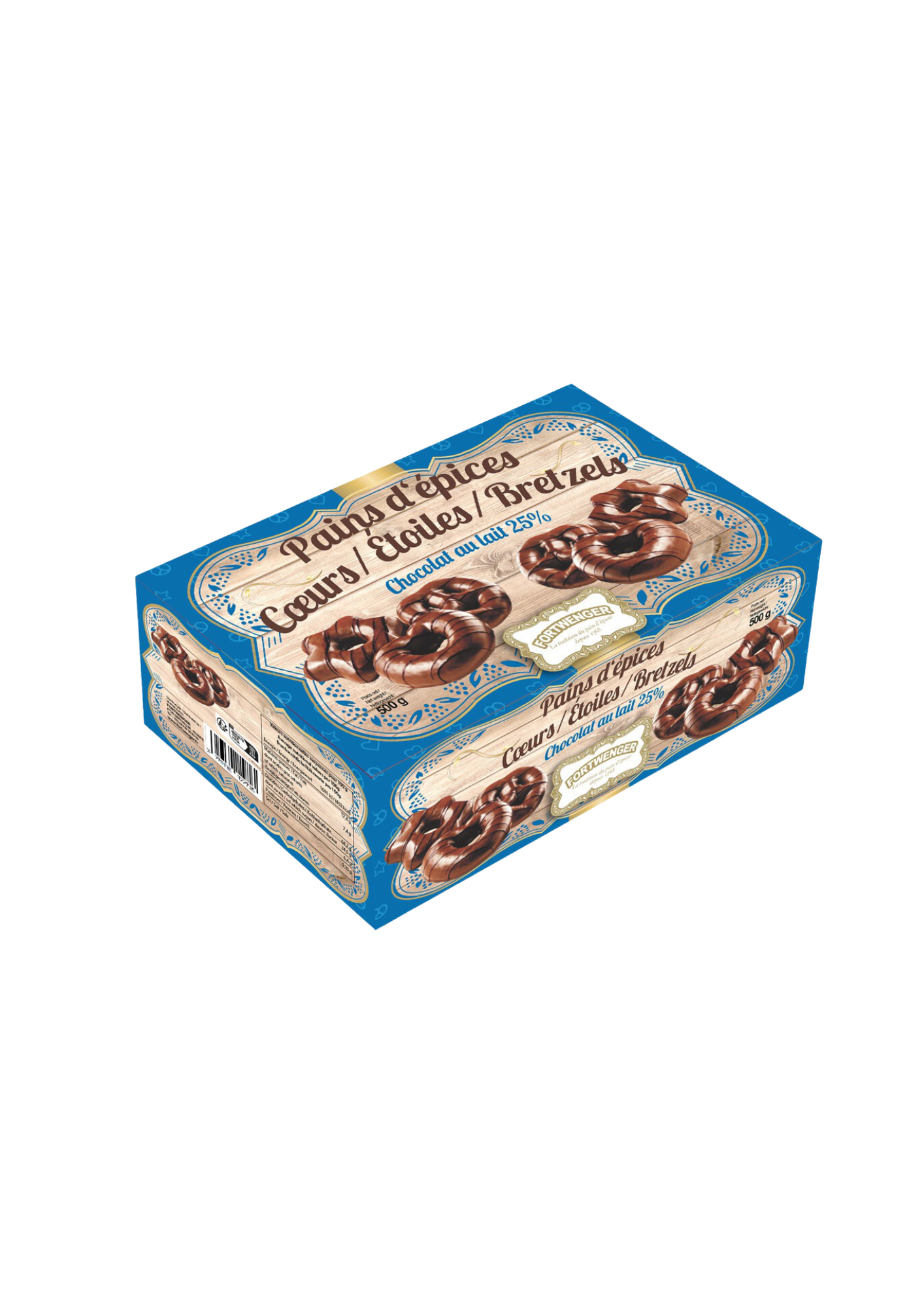 Fortwenger - Pain d'épices en forme de cœur, étoiles ou bretzel enrobés de chocolat au lait 500 g - Fortwenger