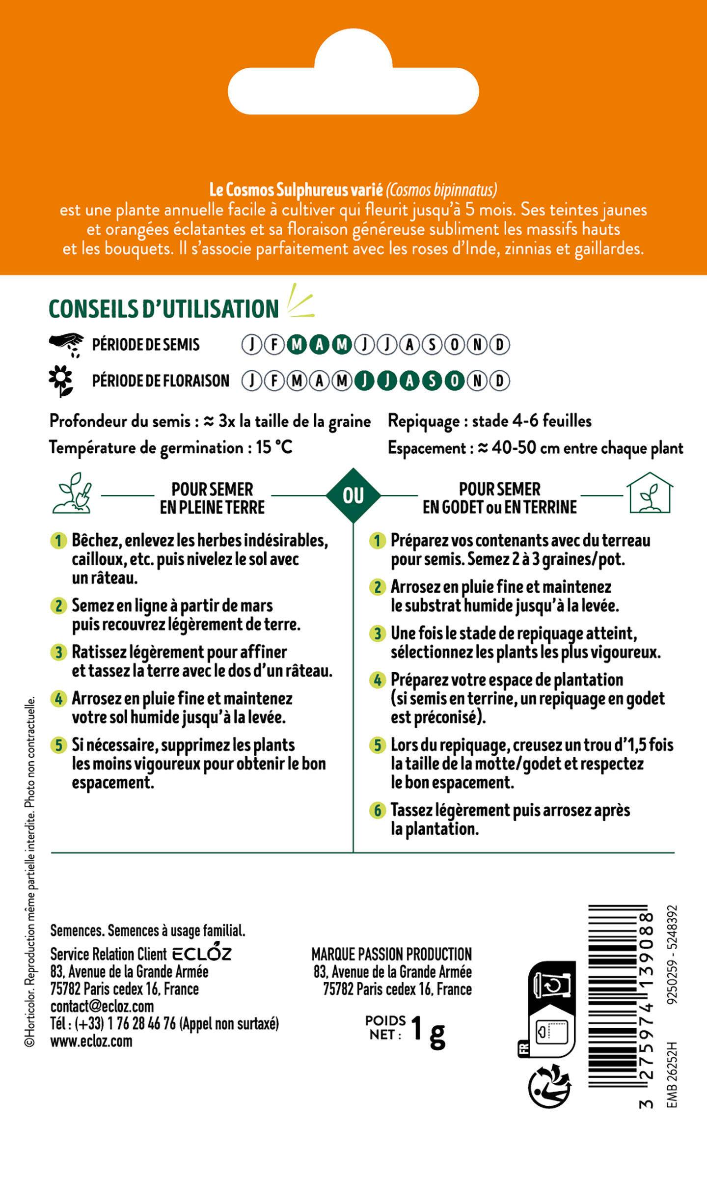 Ecloz - Cosmos sulphureus varié graines sachet 1 g - ECLOZ - Image 2