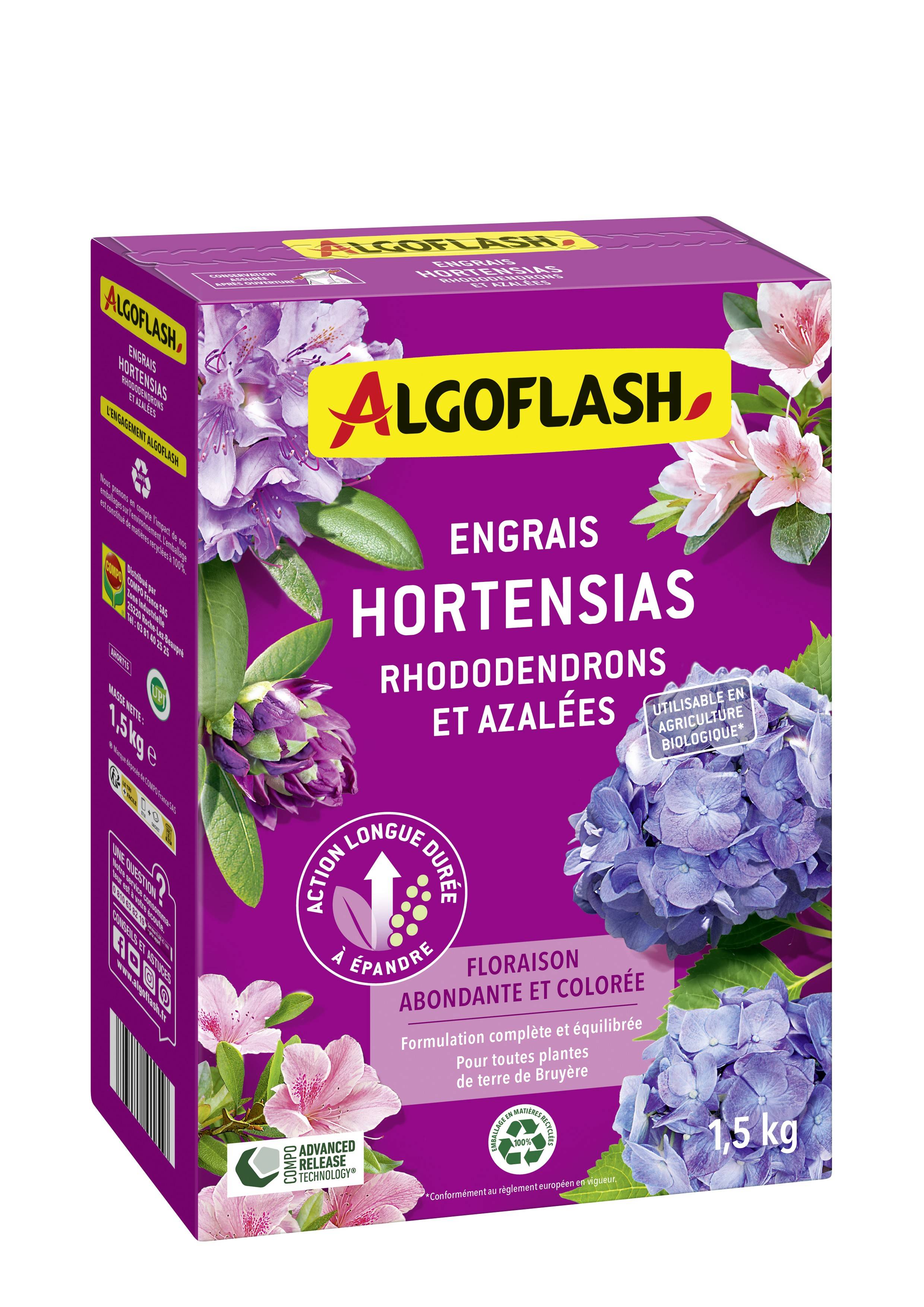 Algoflash - Engrais Hortensias, Rhododendrons, Azalées UAB 1,5 kg - Algoflash
