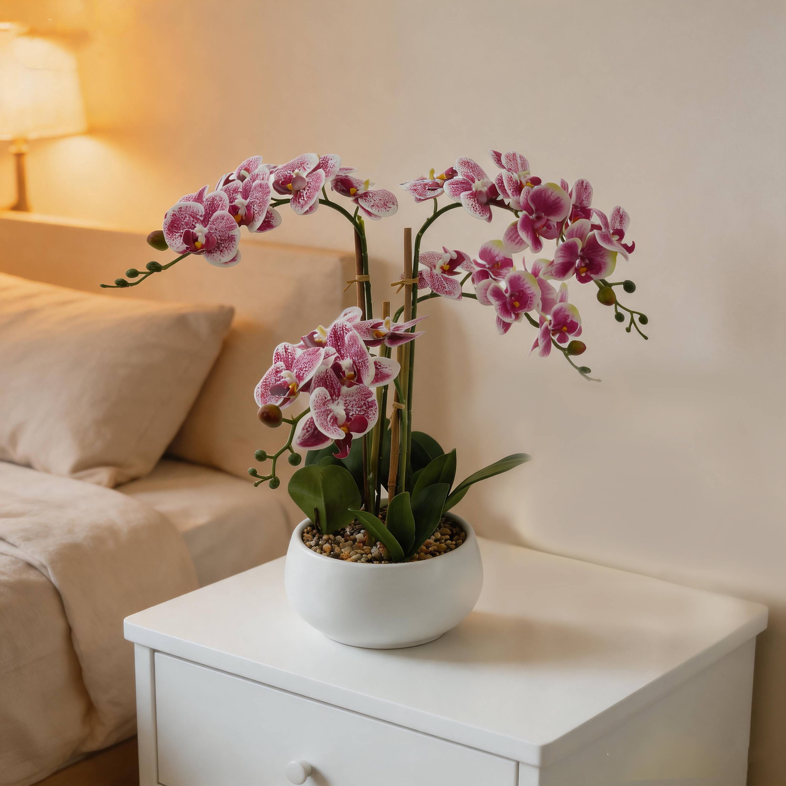 Ecloz - Orchidée phalaénopsis artificielle en pot - 4 tiges - blanche tachetée pourpre - H. 55 cm - ECLOZ - Image 4