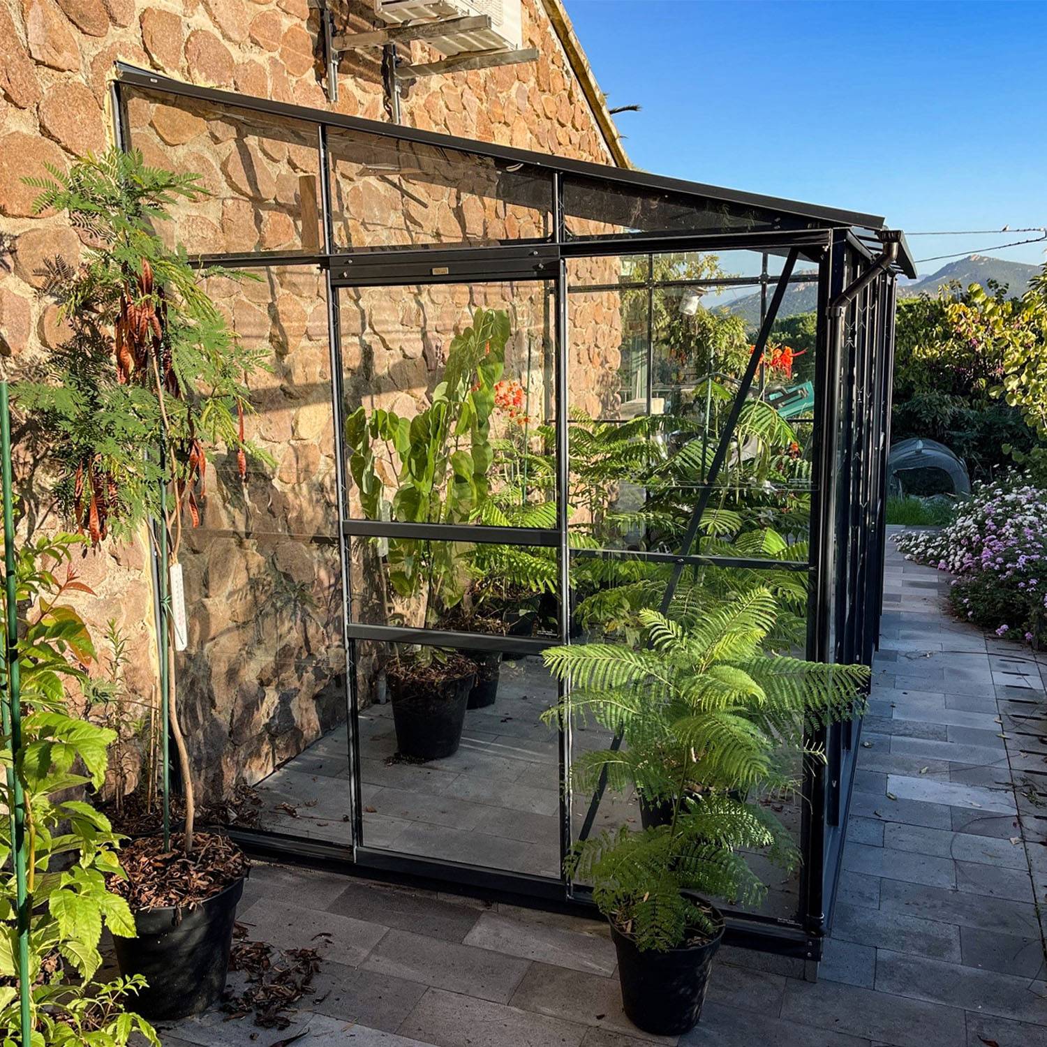 LAMS - Serre de jardin adossée verre trempé aluminium anthracite 7,2 m² Melissa avec embase - Lams - Image 3